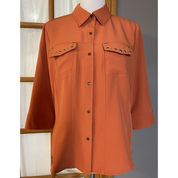 Kathy Che Dresses & Skirts - Vtg Kathy Che Button Front Shirt Women's S Studded Orange Pockets Career Casual